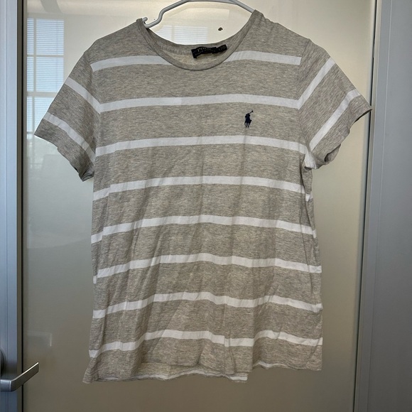 Ralph Lauren Women Top Large Gray/Beige Striped Embroidered Pony Logo S/S - Picture 1 of 4